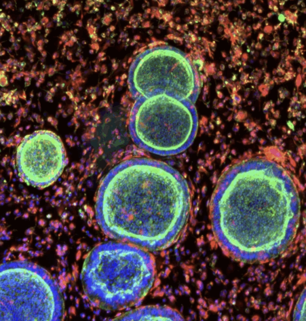 Cell clusters that resemble the uterine lining grow with support cells in a synthetic hydrogel.