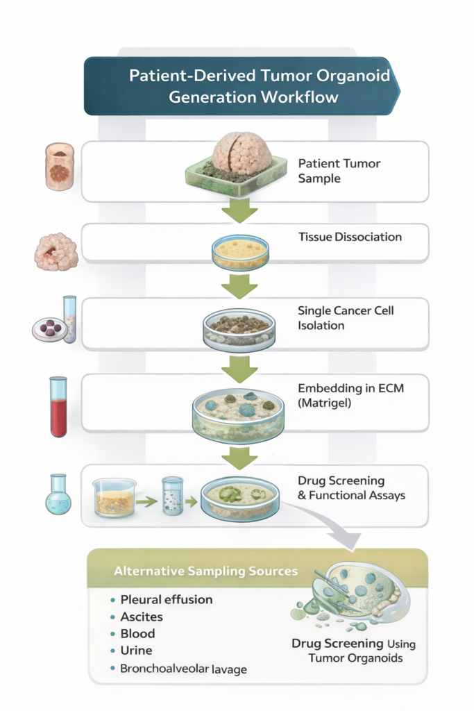 patient-derived tumor organoid generation workflow from tumor tissue to 3D ECM organoid culture for drug screening