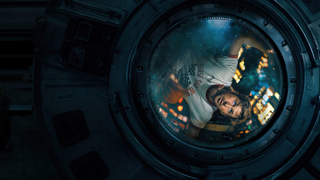 Astronaut floats inside a spacecraft, looking through a circular hatch window at a glowing space city outside.