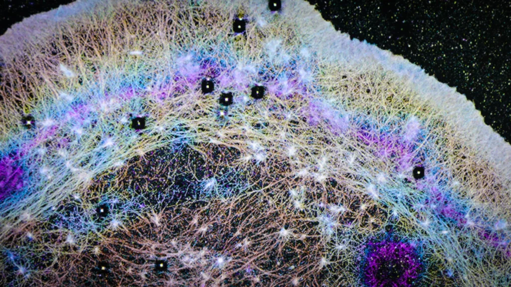 Colorful network of neurons and synapses glowing with multicolored connections.