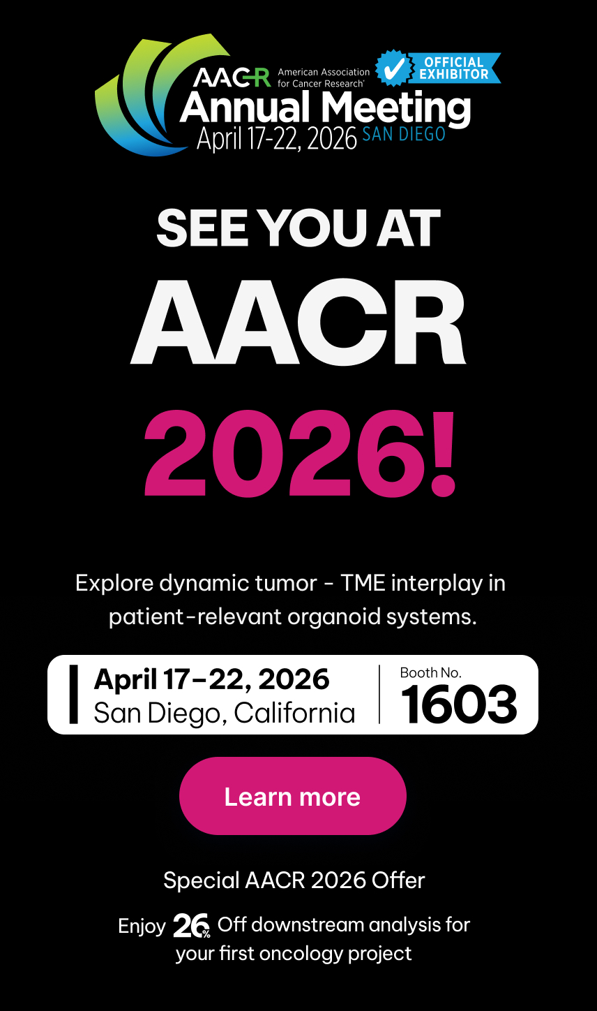 Promotional banner for AACR Annual Meeting 2026 in San Diego, April 17–22; includes Learn more button and booth 1603.