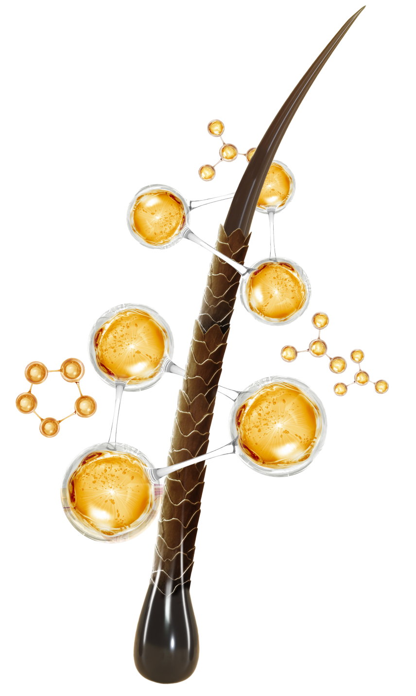 Dark chocolate wand surrounded by orange molecular spheres on a black background.