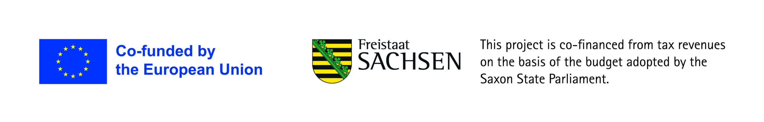 EU flag with 'Co-financed by the European Union' text, next to the Saxony crest, followed by a funding note about the Saxon Parliament project
