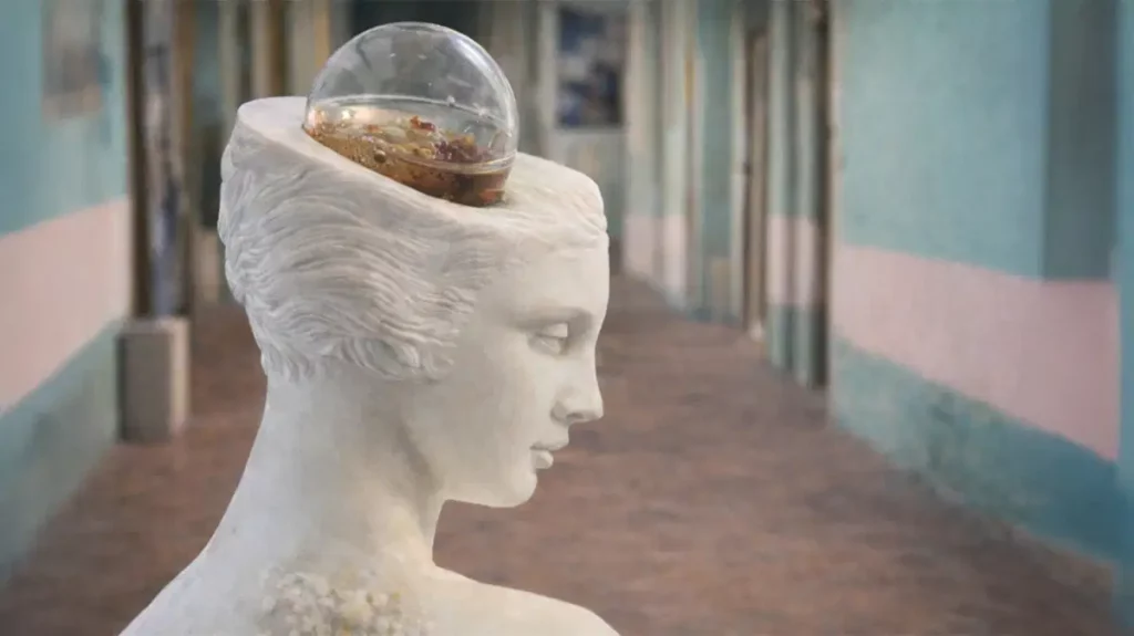 White sculpture of a woman's bust with a glass dome on her head containing small items, in a pastel hallway backdrop.