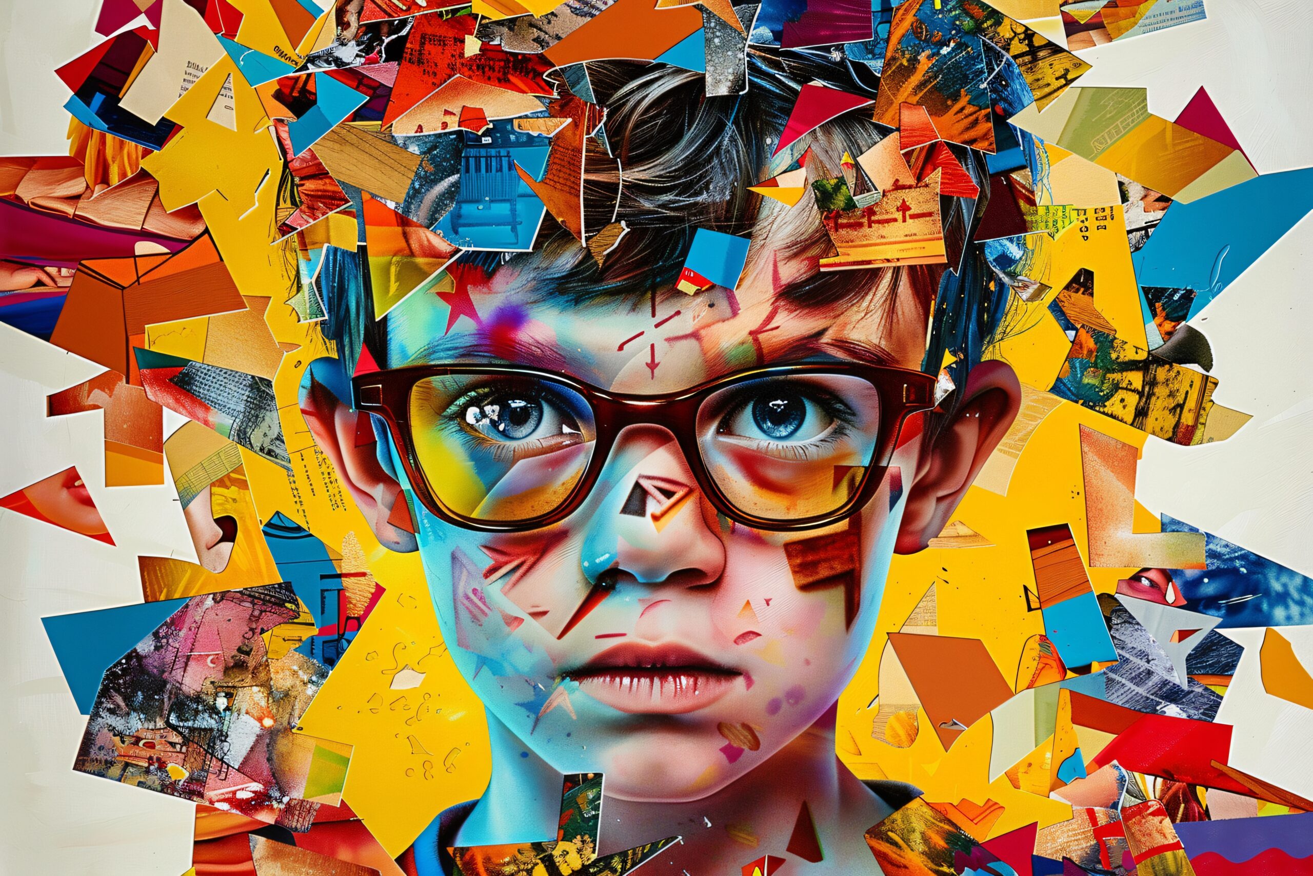Close-up of a child’s face covered in a colorful paper collage, with red-framed glasses visible and bright hues all around.