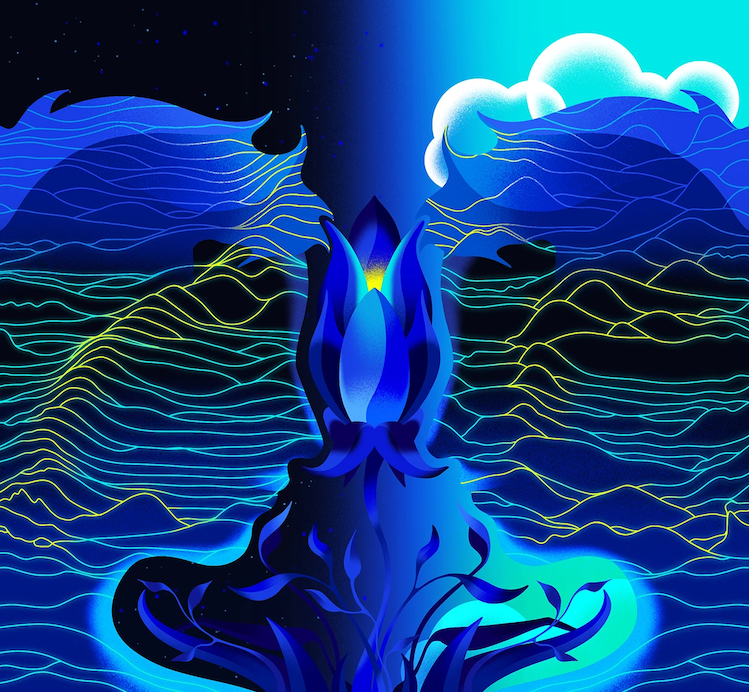 Abstract neon blue flower rising from glowing waves under a night sky with stars and clouds.