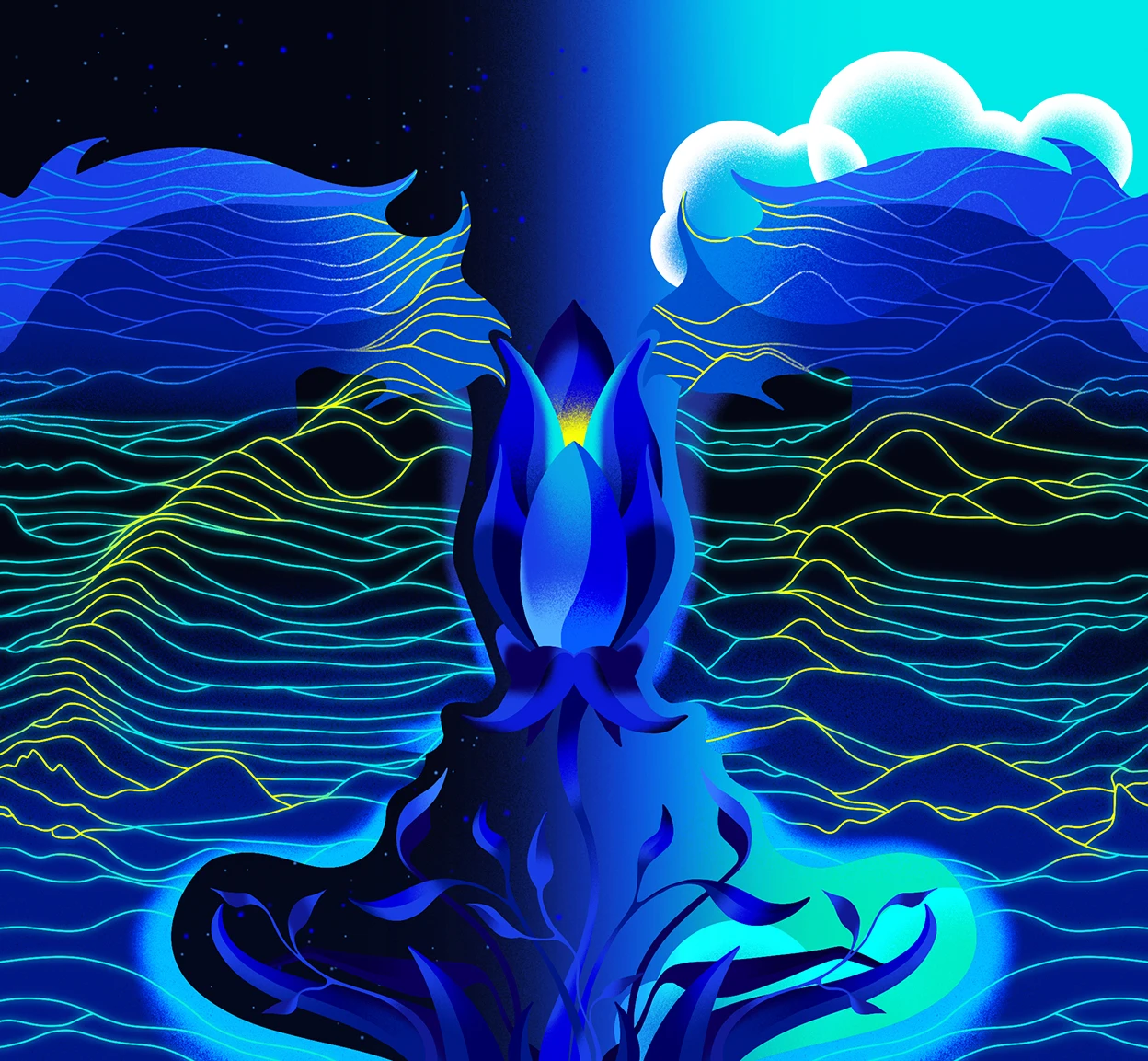 d41586-026-01554-0_52427472jpg - Lambda Biologics Abstract neon scene with a glowing blue lotus-like form rising from a luminous water landscape under a night sky.