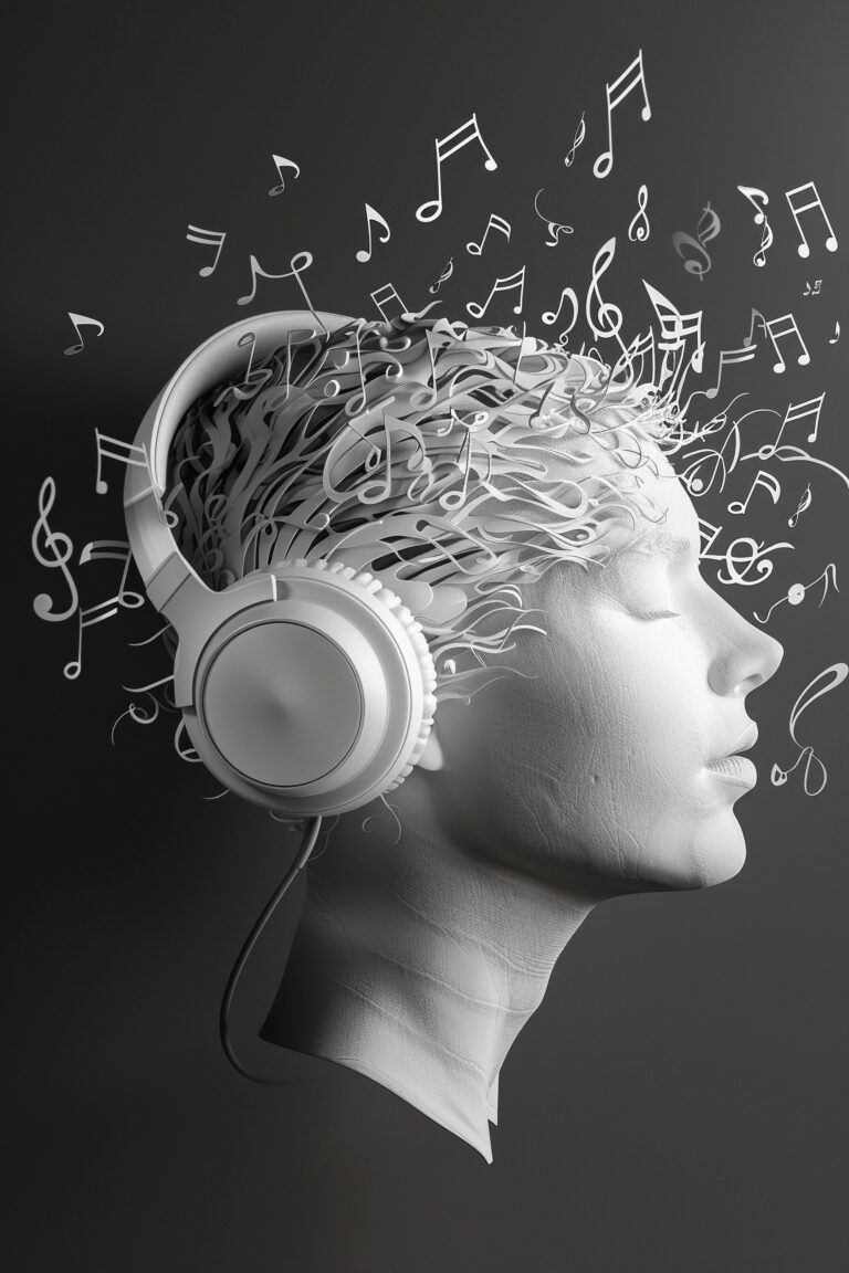 Side profile of a woman wearing headphones with musical notes flowing around her head (grayscale illustration)
