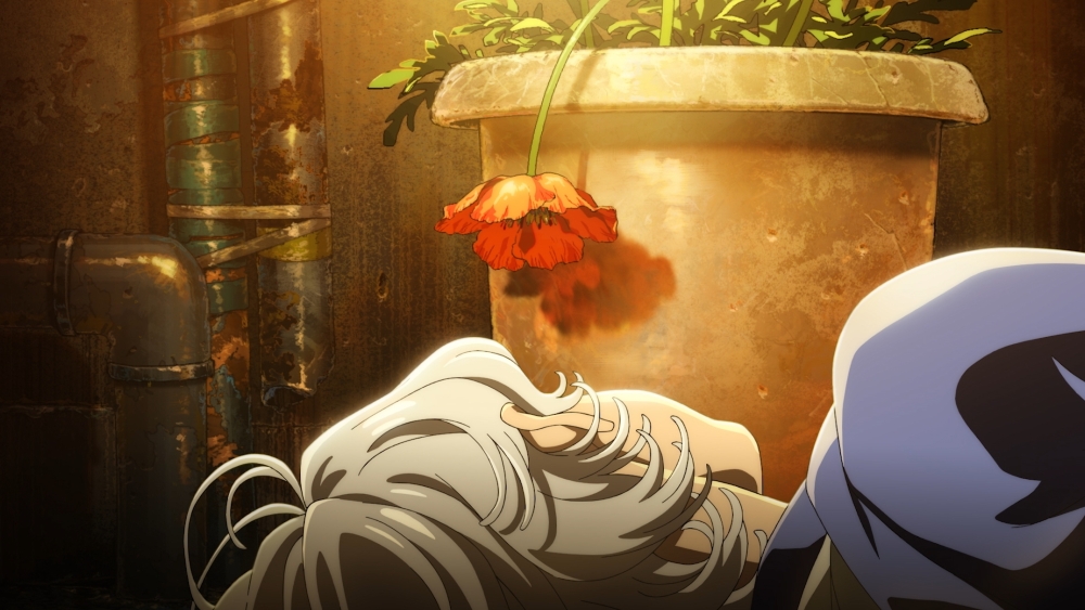 An anime-style scene of a person with gray hair lying on the ground beside a large rusty planter with a wilted red flower hanging over it.