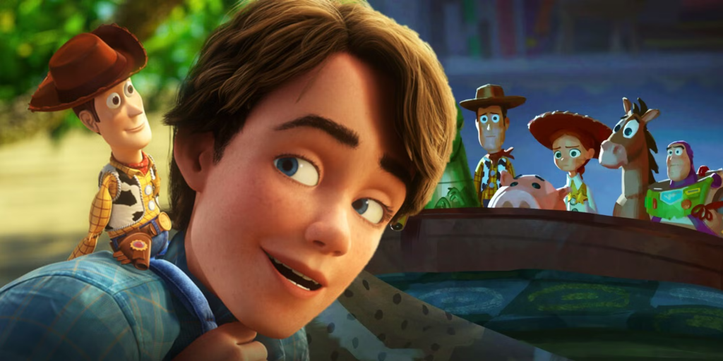 Close-up of a smiling animated boy leaning from a car window, with Woody and other Toy Story characters in the backseat/nearby.