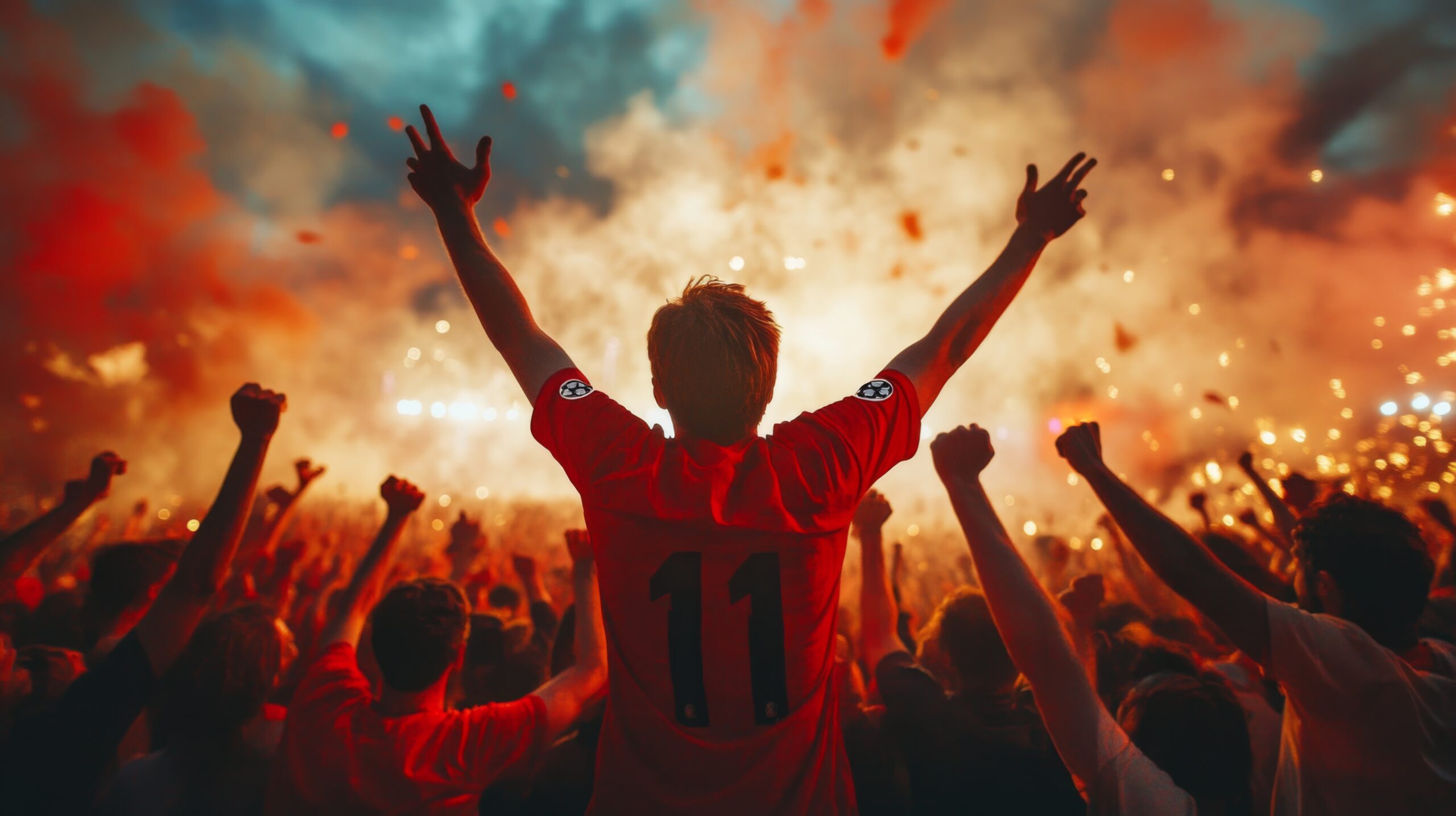 fan-celebrating-football-match - Lambda Biologics Fan in a red jersey with number 11 raises arms amid a cheering stadium crowd and bright smoke/pyrotechnics in the background.