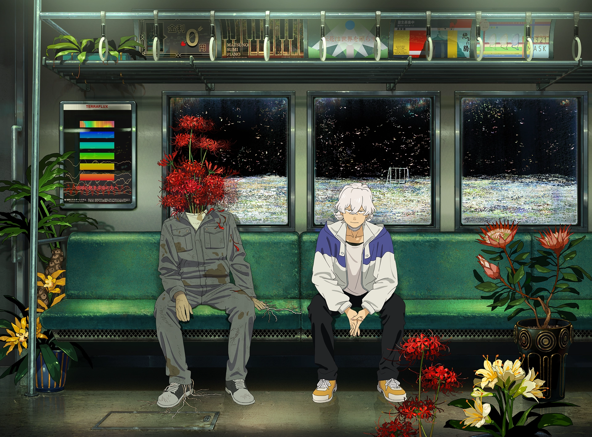Two seated passengers on a subway bench, one with a blooming plant for a head, the other with white hair, surrounded by potted plants and night-time city windows behind them.