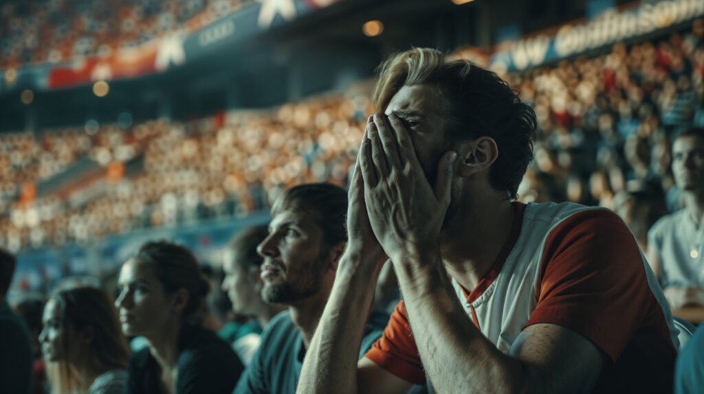 soccer-fans-cheering-stadium-2 - Lambda Biologics - Lambda Biologics Young man in orange and white jersey covers his face with his hands while watching a sports game in a crowded stadium.