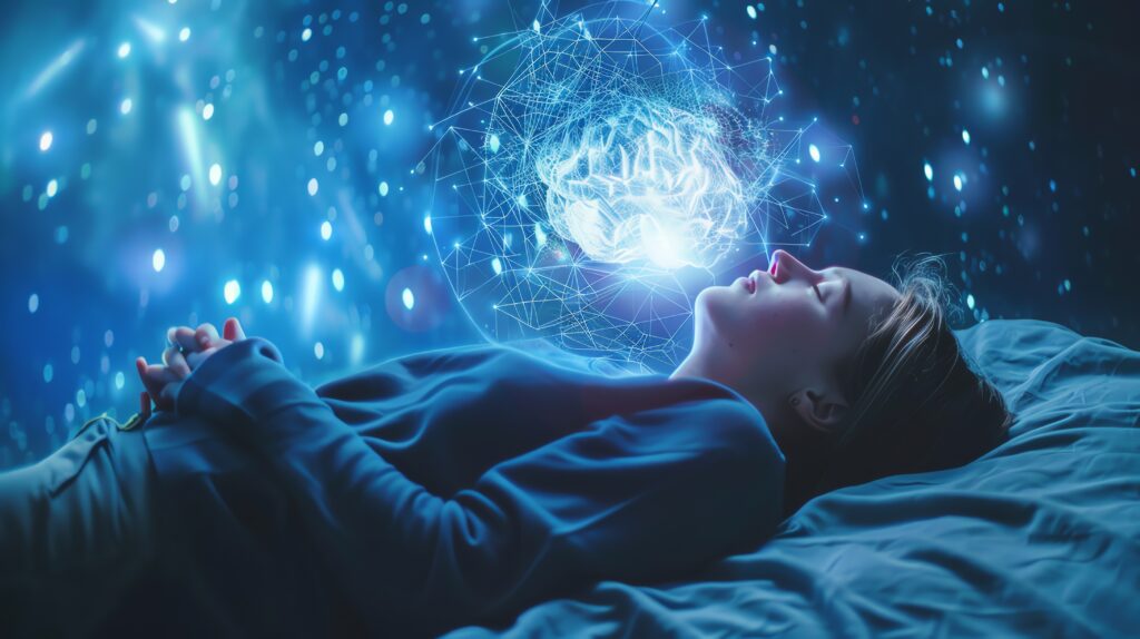 Person sleeping in bed with a glowing neural-brain hologram above them, surrounded by blue light patterns of data