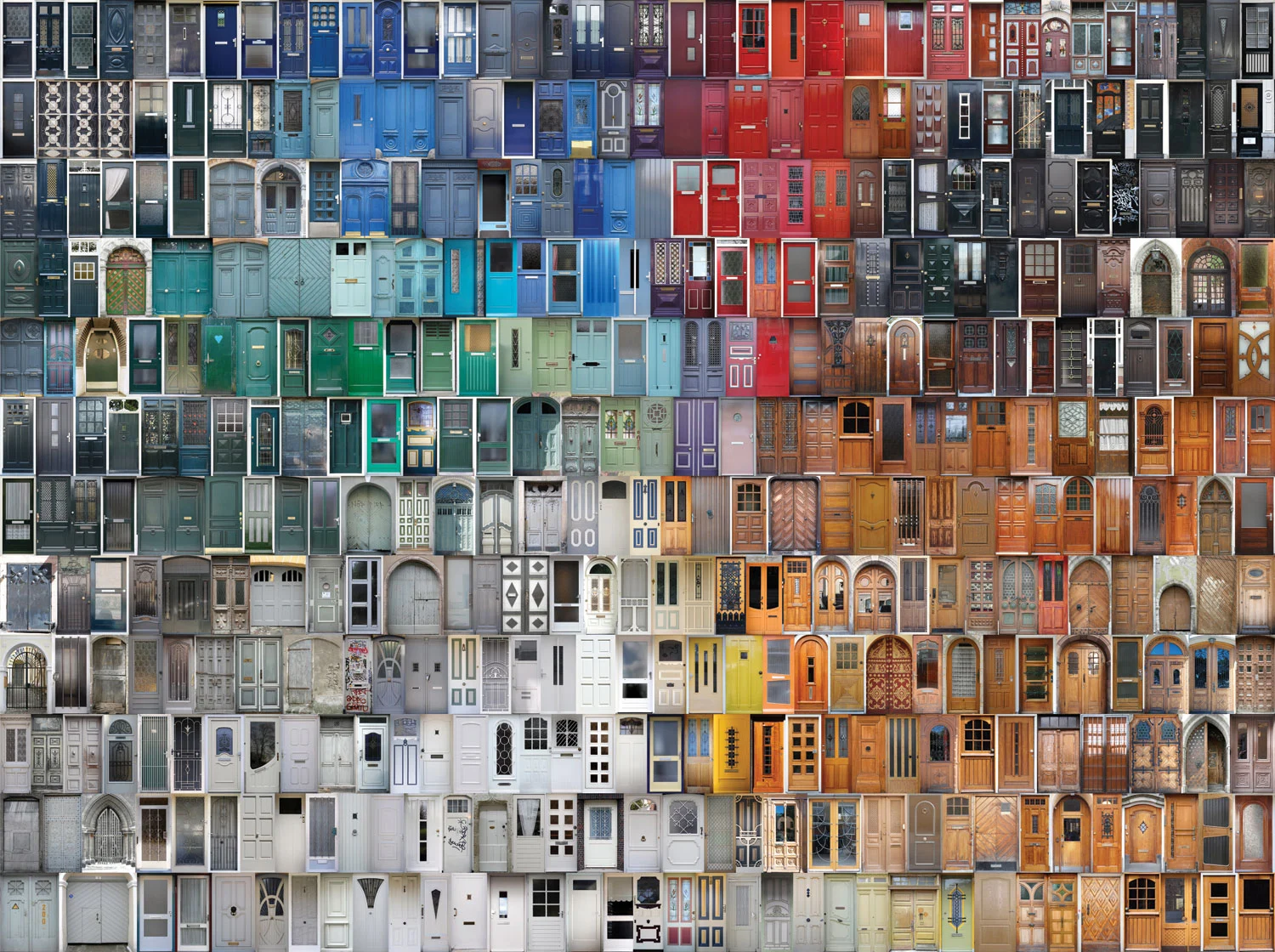 A collage of hundreds of front doors in many colors and styles arranged in a dense grid-like mosaic.