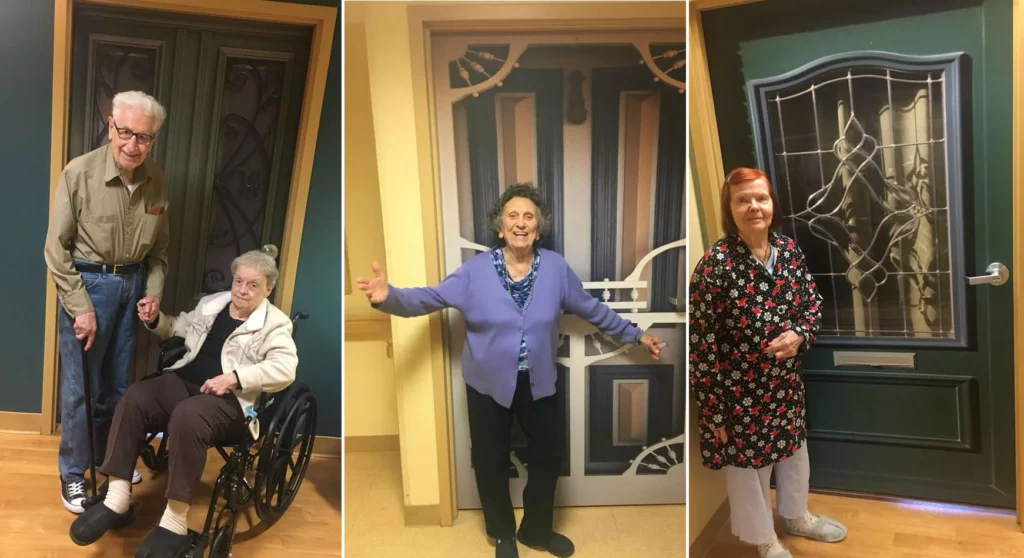 Three seniors posing by decorative doors in a hallway (left: man standing and woman in a wheelchair, middle: smiling woman with arms open, right: floral dress by a stained-glass door).