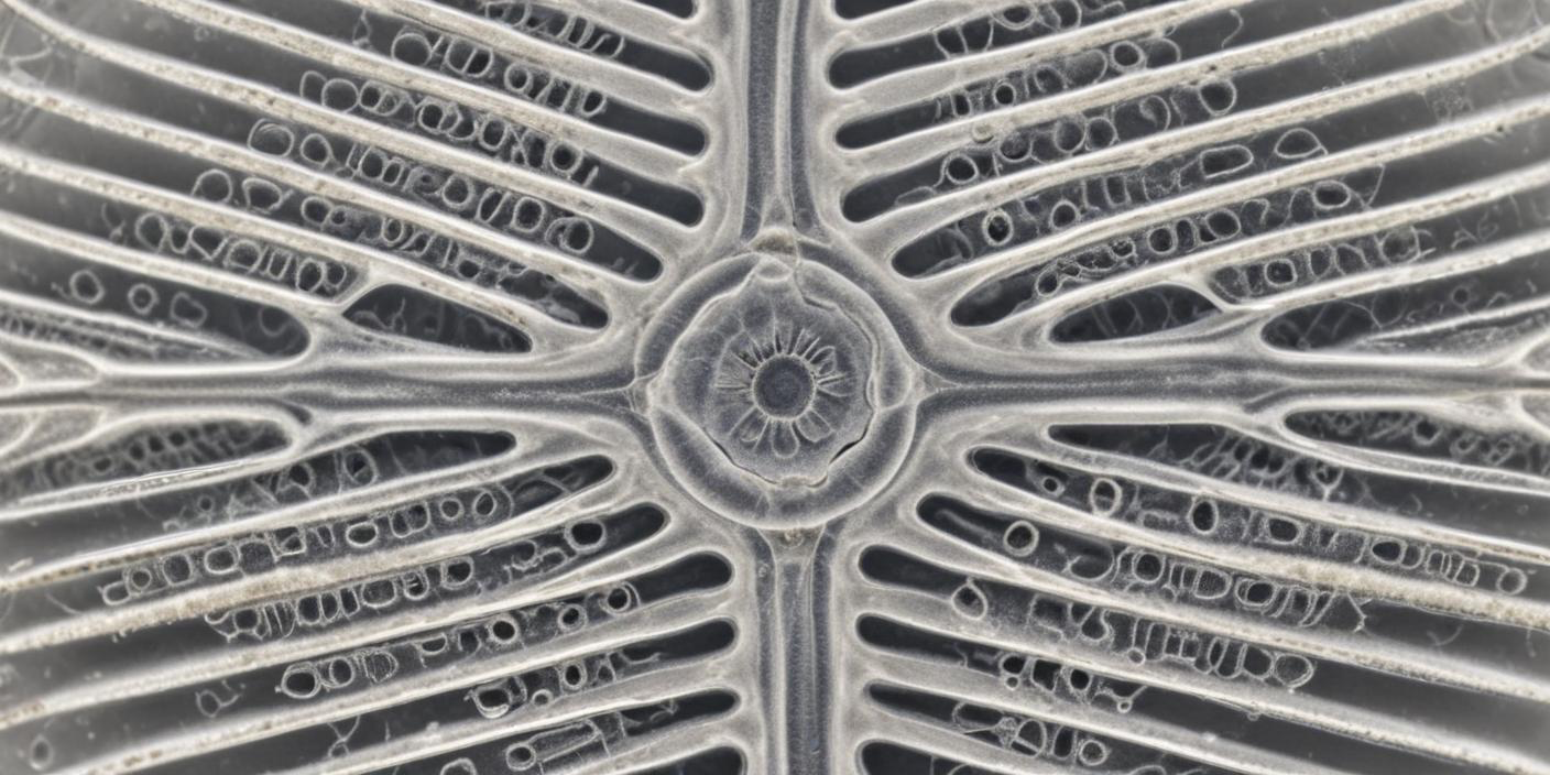magnificmicroscopicviewofaningJrMzpCSXO Lambda Biologics Close up of a circular central hub with radially extending finger like spokes forming a starburst pattern a microscopic skeletal structure in grayscale